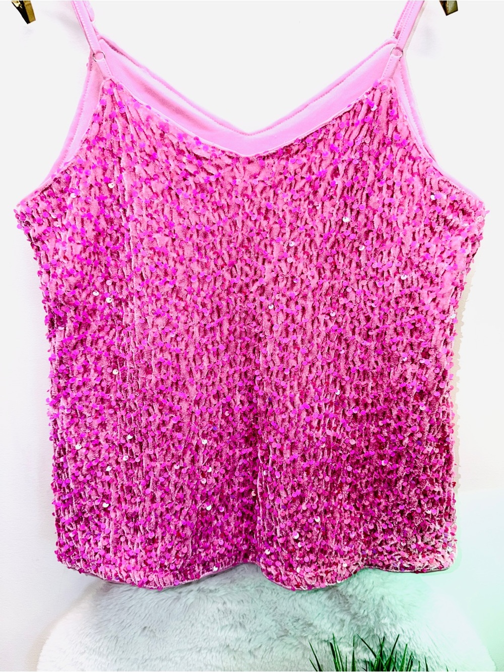 Pink Velvet 💞 Sequin Camisole Dance Summer Party Eye Candy 🍬 Tank Dress Top - Picture 4 of 5